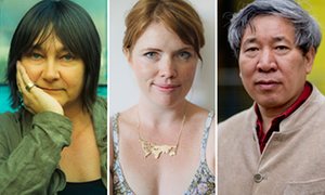 A composite of three authors: (remaining) Ali Smith, (center) Clementine Ford, (right) Yan Lianke